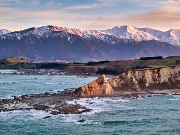 Kaikoura coast and Seaward Kaikoura Range at sunset