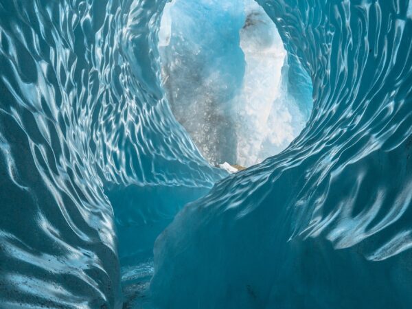 Inside an icy cave formation.