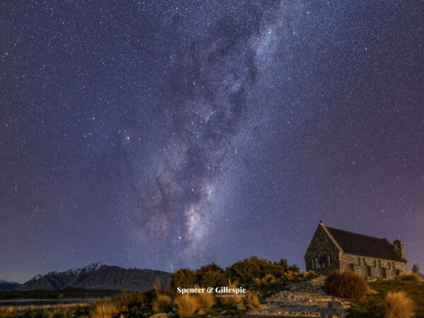 Starry night sky over Church of the Good Shepherd