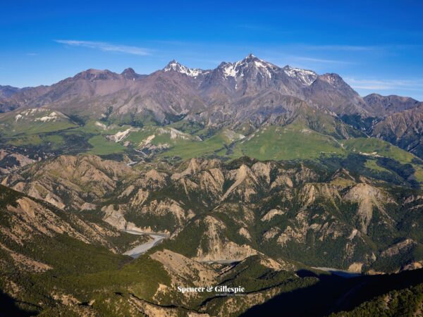 Snow-capped mountains surrounding a green valley.