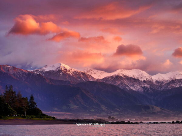 Snowy mountains at dawn in New Zealand