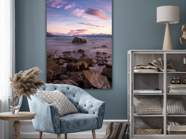 Modern living room with beach artwork