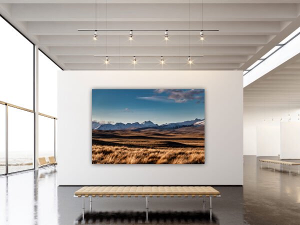 Gallery with landscape painting and modern benches