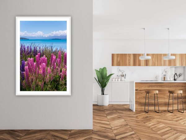 Framed lupin flowers print in modern kitchen.