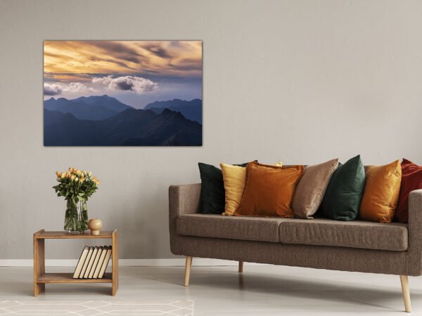 Living room with couch, cushions, flowers, mountain painting.
