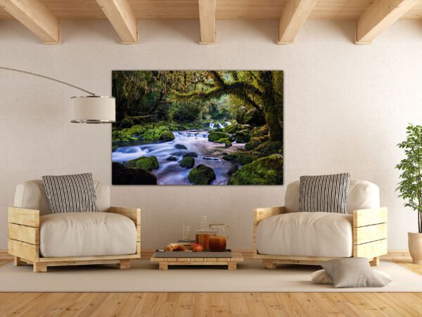 Modern living room with nature artwork.