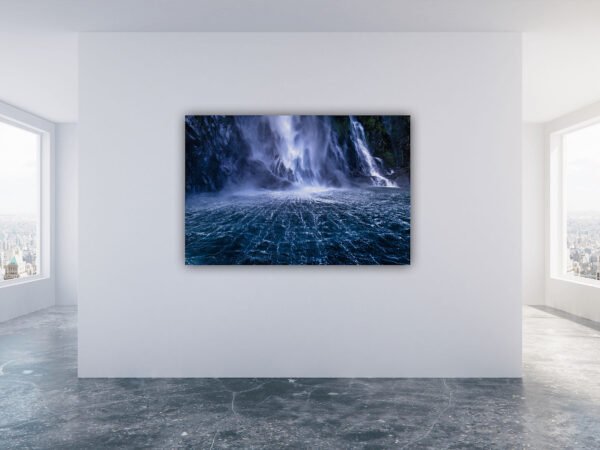 Modern room with waterfall artwork on the wall