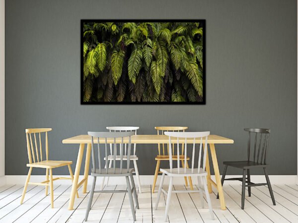 Modern dining area with fern artwork on wall