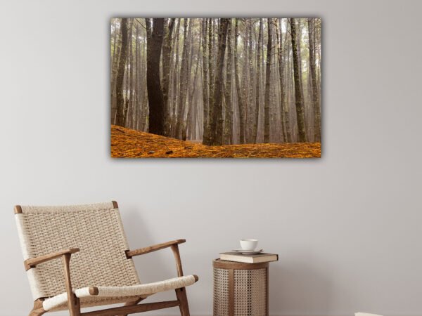 Chair, table, forest photo on wall in room