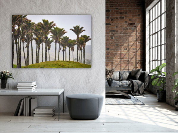 Modern living room with large plant picture.