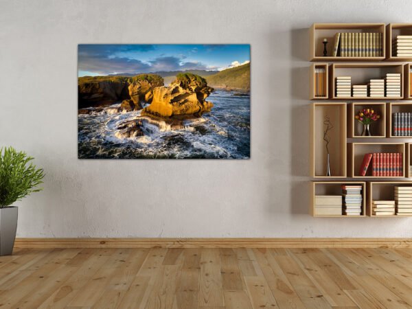 Mounted landscape photo with bookshelf and plant