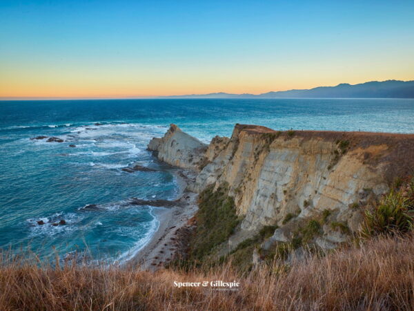 New Zealand coastal cliff at sunrise.