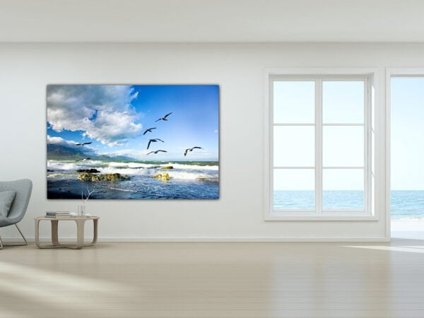 Minimalist room with ocean view art