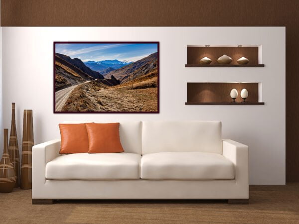 Modern living room with mountain photo wall art