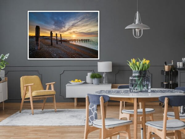 Modern living room with beach sunset photo.